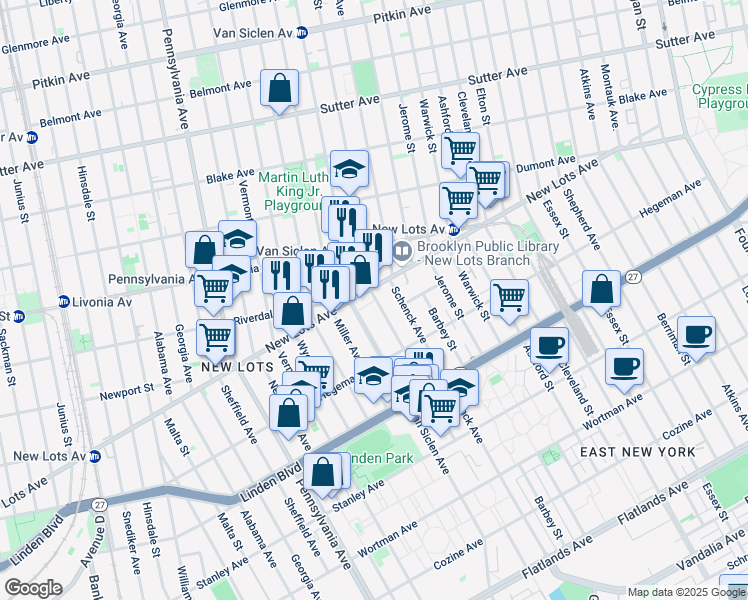 map of restaurants, bars, coffee shops, grocery stores, and more near 732 Hendrix Street in Brooklyn