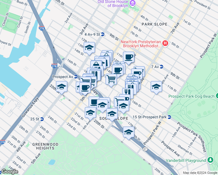 map of restaurants, bars, coffee shops, grocery stores, and more near 581 6th Avenue in Brooklyn