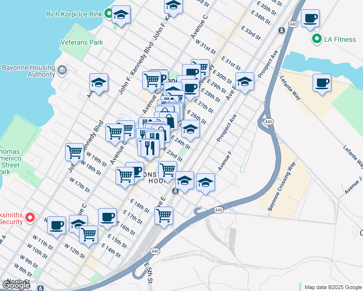 map of restaurants, bars, coffee shops, grocery stores, and more near 2 Gregg Lane in Bayonne