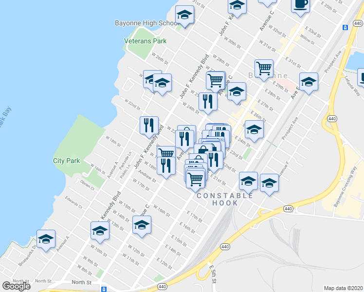 map of restaurants, bars, coffee shops, grocery stores, and more near 63 West 21st Street in Bayonne