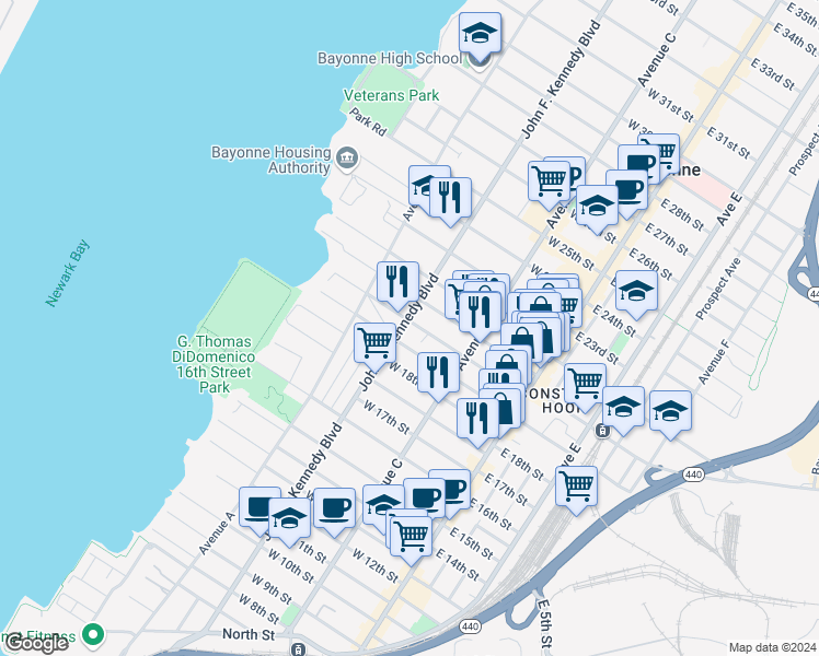 map of restaurants, bars, coffee shops, grocery stores, and more near 87 West 19th Street in Bayonne
