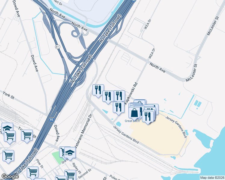 map of restaurants, bars, coffee shops, grocery stores, and more near 45 International Boulevard in Elizabeth