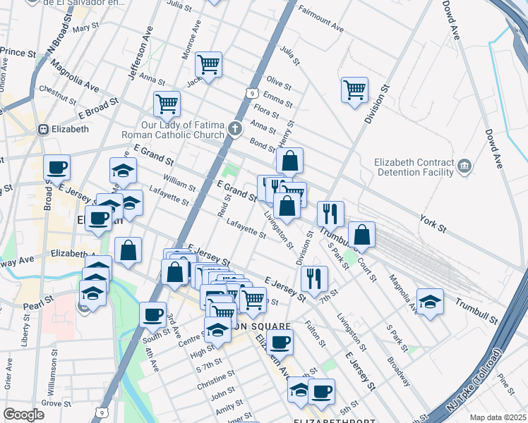 map of restaurants, bars, coffee shops, grocery stores, and more near 160 Smith Street in Elizabeth