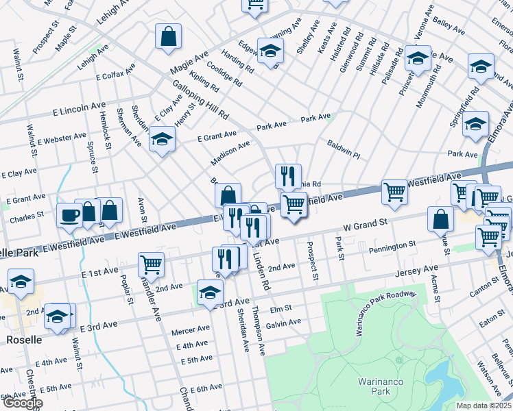 map of restaurants, bars, coffee shops, grocery stores, and more near 458 East Westfield Avenue in Roselle Park