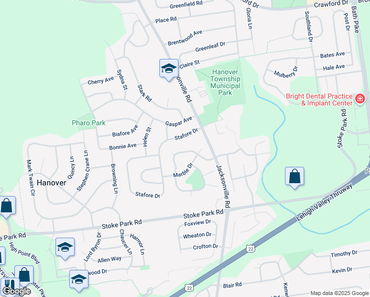 map of restaurants, bars, coffee shops, grocery stores, and more near 1175 Granite Drive in Bethlehem