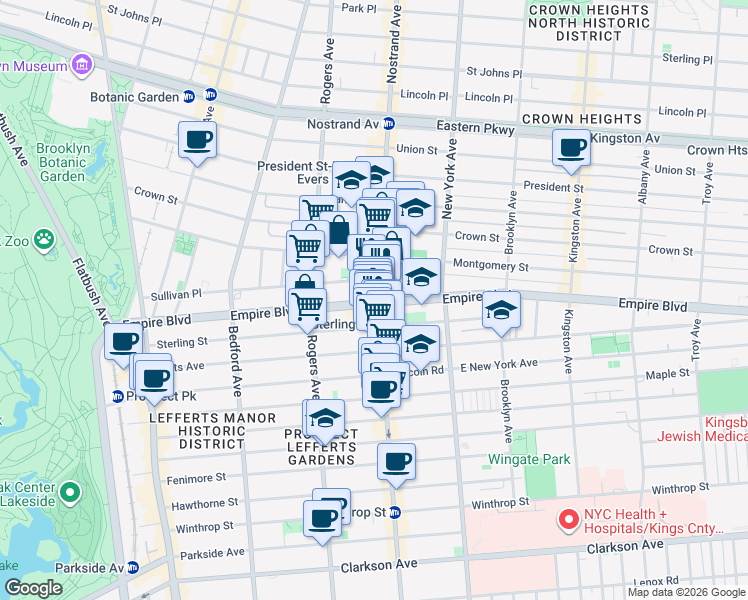 map of restaurants, bars, coffee shops, grocery stores, and more near 335 Empire Boulevard in Brooklyn