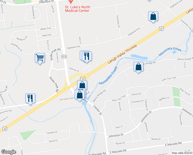 map of restaurants, bars, coffee shops, grocery stores, and more near 3436 Park Place in Bethlehem