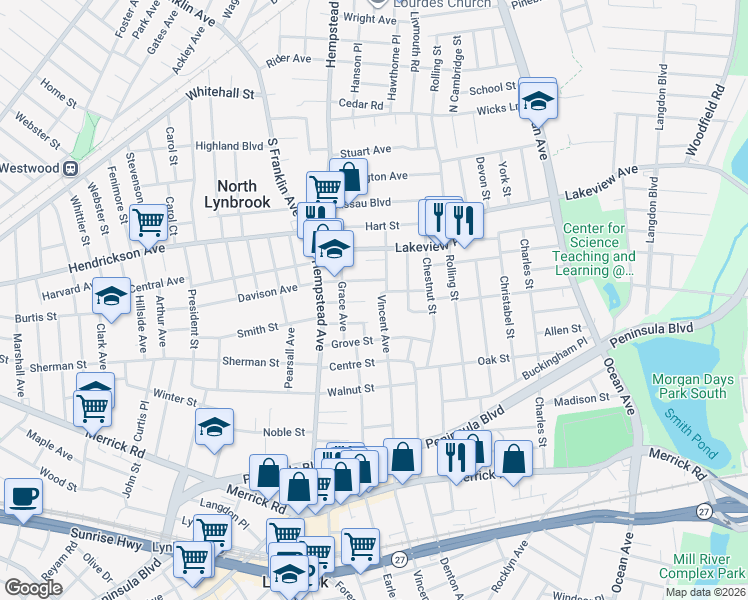 map of restaurants, bars, coffee shops, grocery stores, and more near 352 Vincent Avenue in Lynbrook