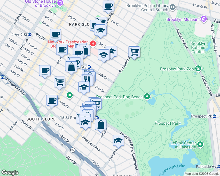 map of restaurants, bars, coffee shops, grocery stores, and more near Prospect Park West & 10th Street in Brooklyn