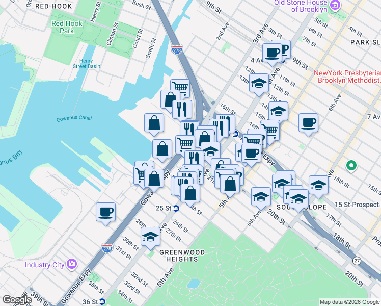 map of restaurants, bars, coffee shops, grocery stores, and more near 147 21st Street in Brooklyn