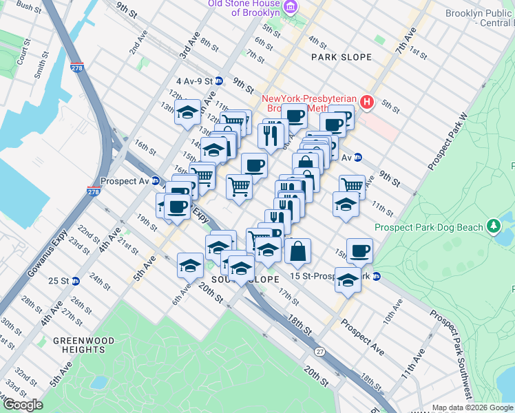 map of restaurants, bars, coffee shops, grocery stores, and more near 305 16th Street in Brooklyn