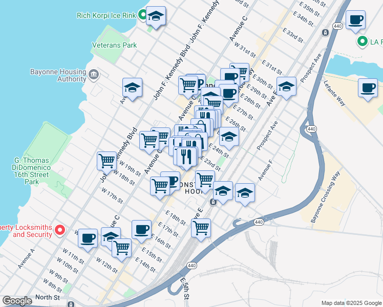 map of restaurants, bars, coffee shops, grocery stores, and more near 492 Broadway in Bayonne