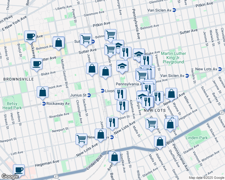 map of restaurants, bars, coffee shops, grocery stores, and more near 487 Livonia Avenue in Brooklyn