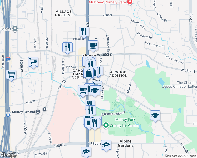 map of restaurants, bars, coffee shops, grocery stores, and more near 186 Vine Street in Murray