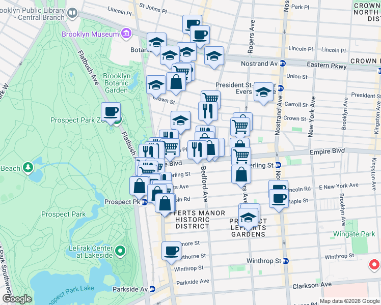 map of restaurants, bars, coffee shops, grocery stores, and more near 90 Sullivan Place in Brooklyn