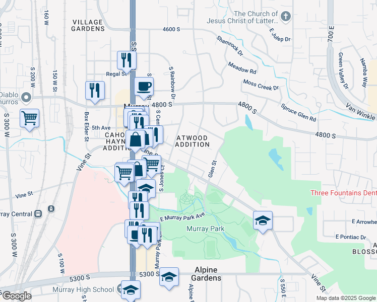 map of restaurants, bars, coffee shops, grocery stores, and more near 4940 South in Murray