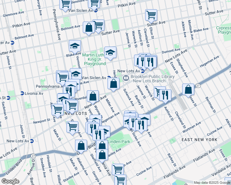 map of restaurants, bars, coffee shops, grocery stores, and more near 566 New Lots Avenue in Brooklyn