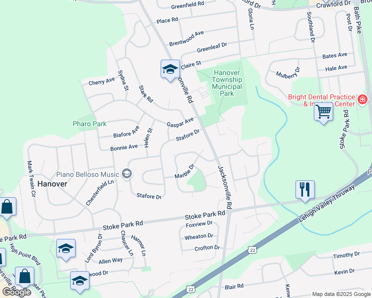 map of restaurants, bars, coffee shops, grocery stores, and more near 1175 Granite Drive in Bethlehem