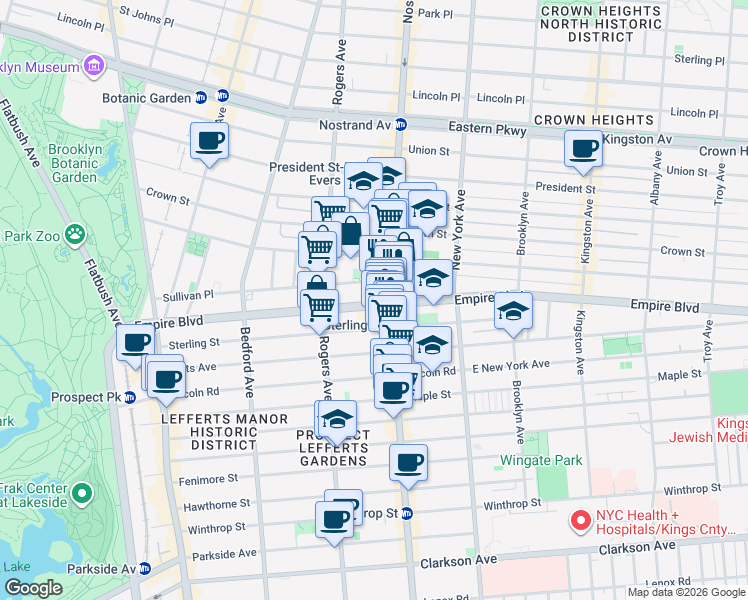 map of restaurants, bars, coffee shops, grocery stores, and more near 321 Empire Boulevard in Brooklyn