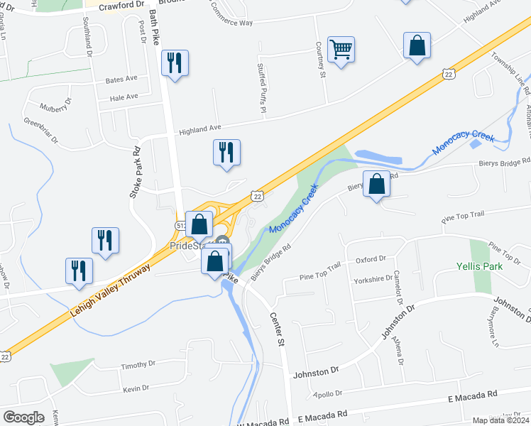 map of restaurants, bars, coffee shops, grocery stores, and more near 3433 Park Place in Bethlehem