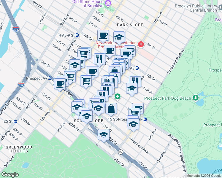 map of restaurants, bars, coffee shops, grocery stores, and more near 422 7th Avenue in Brooklyn