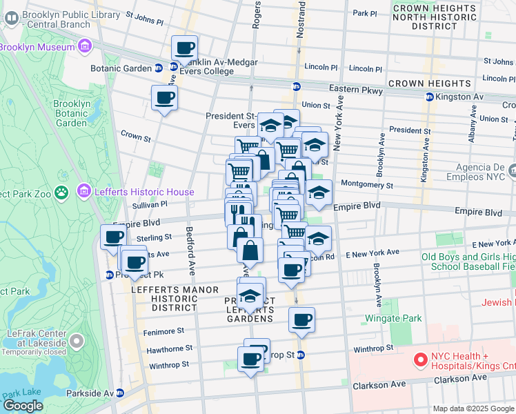 map of restaurants, bars, coffee shops, grocery stores, and more near 270 Empire Boulevard in Brooklyn