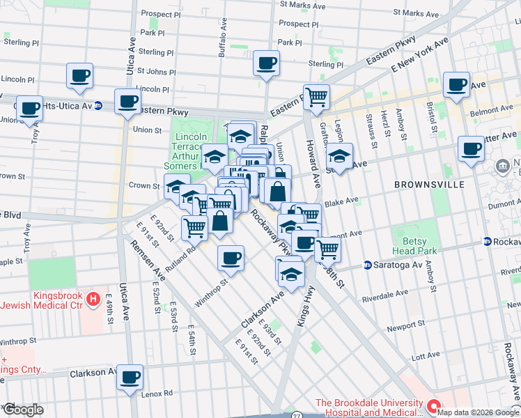 map of restaurants, bars, coffee shops, grocery stores, and more near 118 Rockaway Parkway in Brooklyn