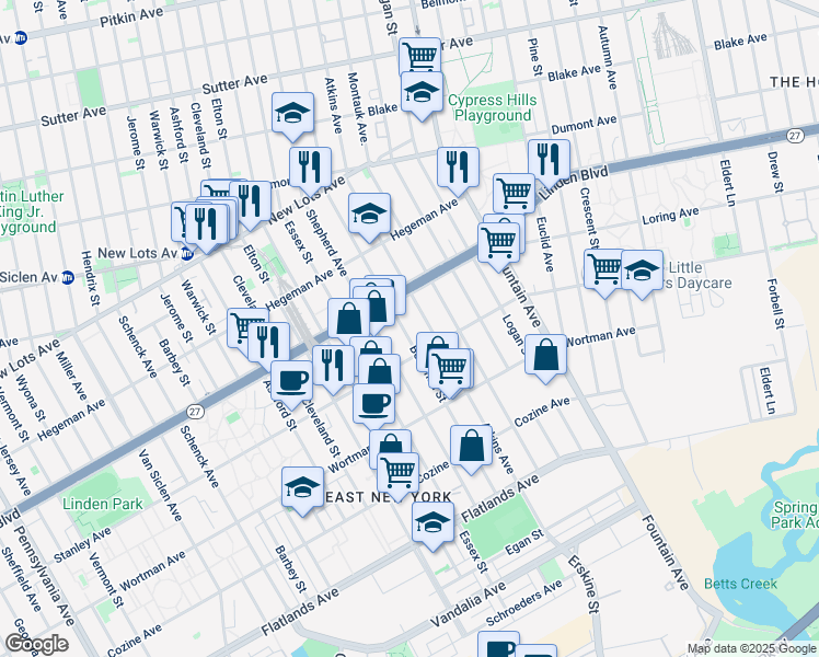 map of restaurants, bars, coffee shops, grocery stores, and more near 933 Stanley Avenue in Brooklyn