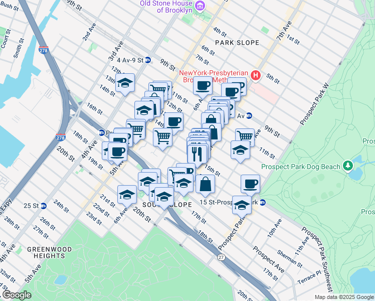 map of restaurants, bars, coffee shops, grocery stores, and more near 305 16th Street in Brooklyn