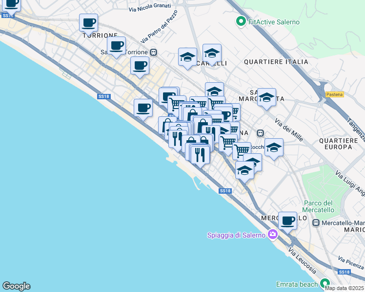 map of restaurants, bars, coffee shops, grocery stores, and more near 17 Via Madonna di Fatima in Salerno