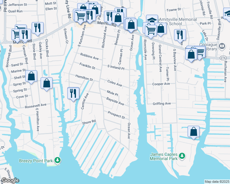 map of restaurants, bars, coffee shops, grocery stores, and more near 51 Bayside Avenue in Amityville