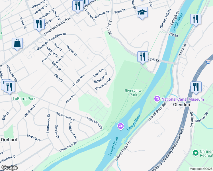 map of restaurants, bars, coffee shops, grocery stores, and more near 148 Grandview Drive in Easton