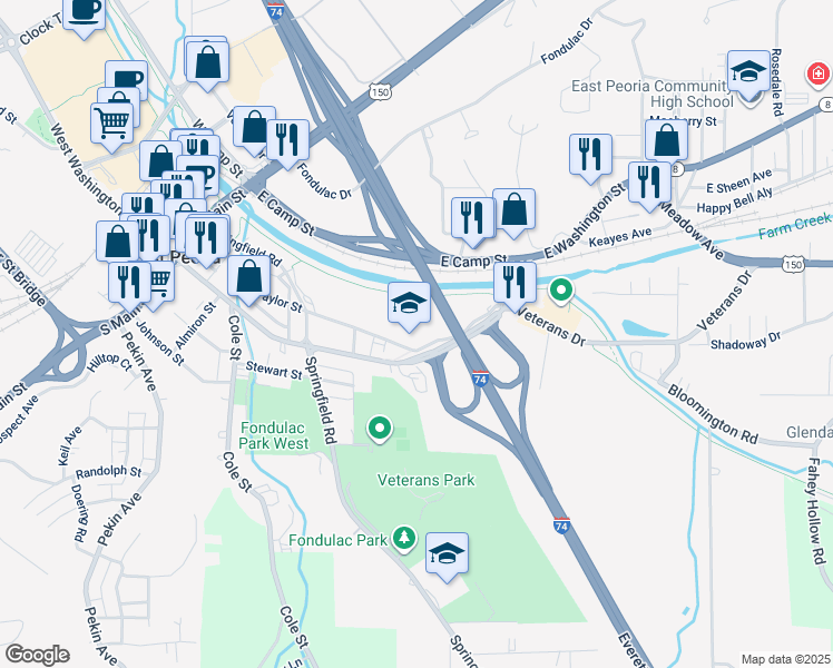 map of restaurants, bars, coffee shops, grocery stores, and more near 601 Taylor Street in East Peoria