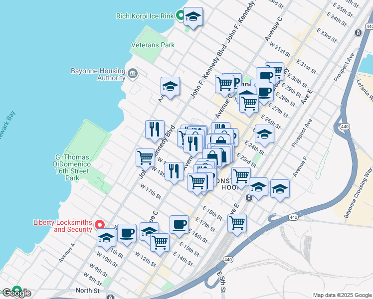 map of restaurants, bars, coffee shops, grocery stores, and more near 63 West 21st Street in Bayonne