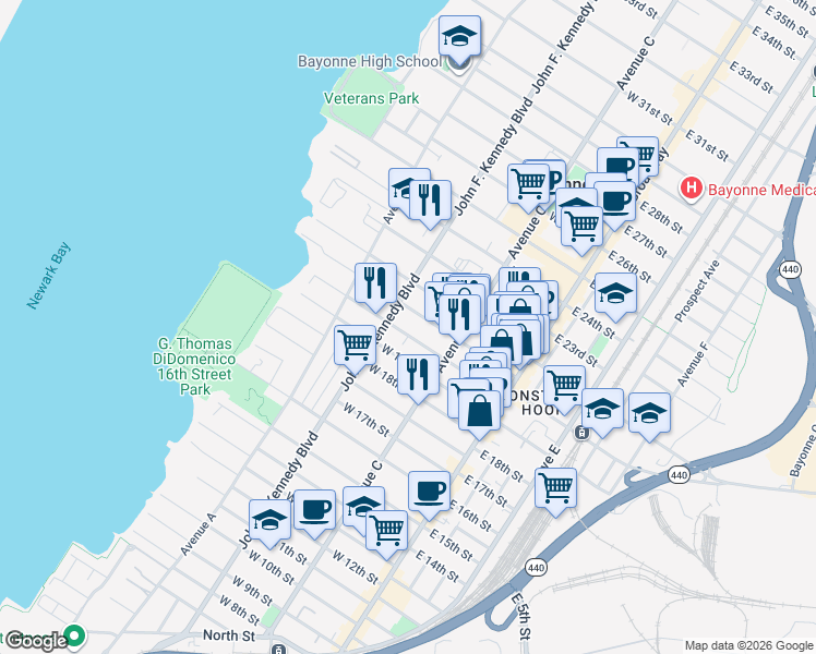map of restaurants, bars, coffee shops, grocery stores, and more near 87 West 19th Street in Bayonne