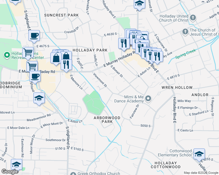 map of restaurants, bars, coffee shops, grocery stores, and more near 4873 Viewmont Street in Holladay
