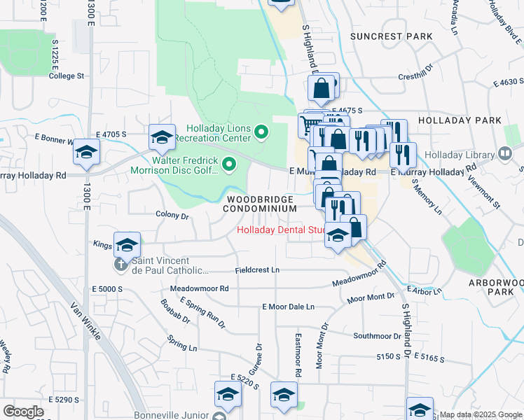 map of restaurants, bars, coffee shops, grocery stores, and more near 4893 South 1710 East in Holladay