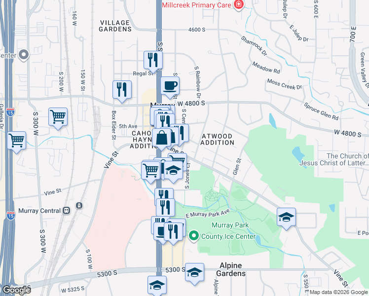 map of restaurants, bars, coffee shops, grocery stores, and more near 186 Vine Street in Murray