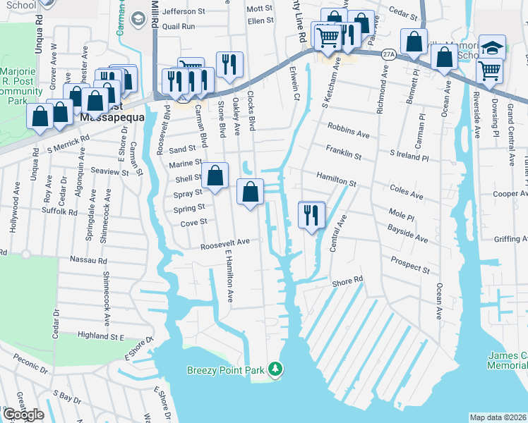 map of restaurants, bars, coffee shops, grocery stores, and more near 373 Clocks Boulevard in Massapequa