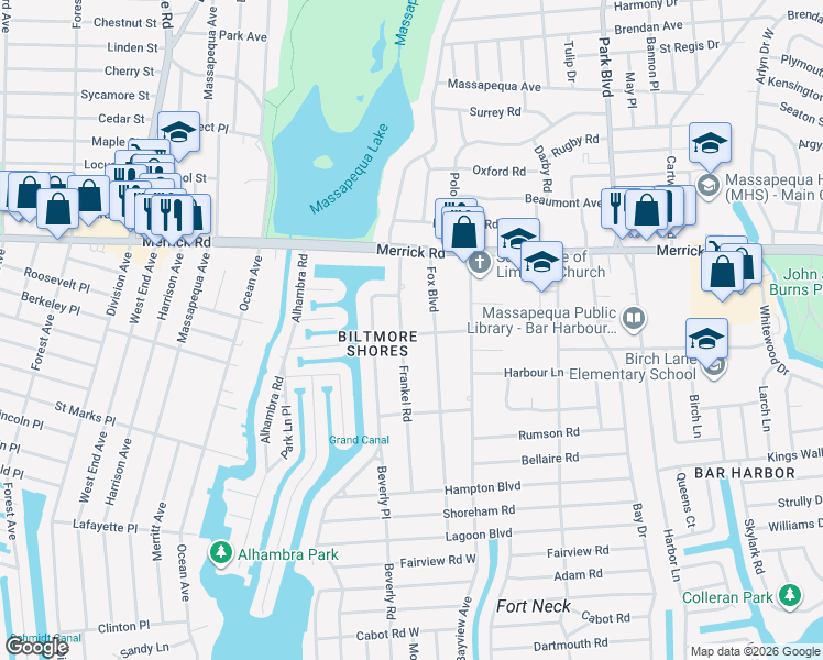 map of restaurants, bars, coffee shops, grocery stores, and more near 25 Frankel Road in Massapequa
