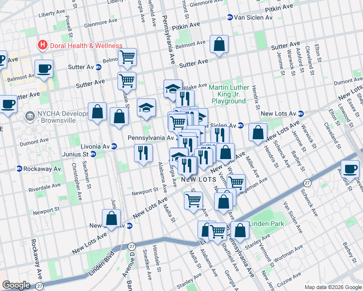 map of restaurants, bars, coffee shops, grocery stores, and more near 574 Granville Payne Avenue in Brooklyn