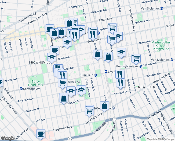 map of restaurants, bars, coffee shops, grocery stores, and more near 381 Livonia Avenue in Brooklyn