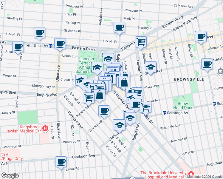 map of restaurants, bars, coffee shops, grocery stores, and more near 118 Rockaway Parkway in Brooklyn