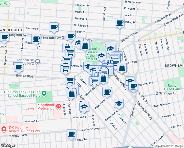 map of restaurants, bars, coffee shops, grocery stores, and more near 60 East 93rd Street in Brooklyn