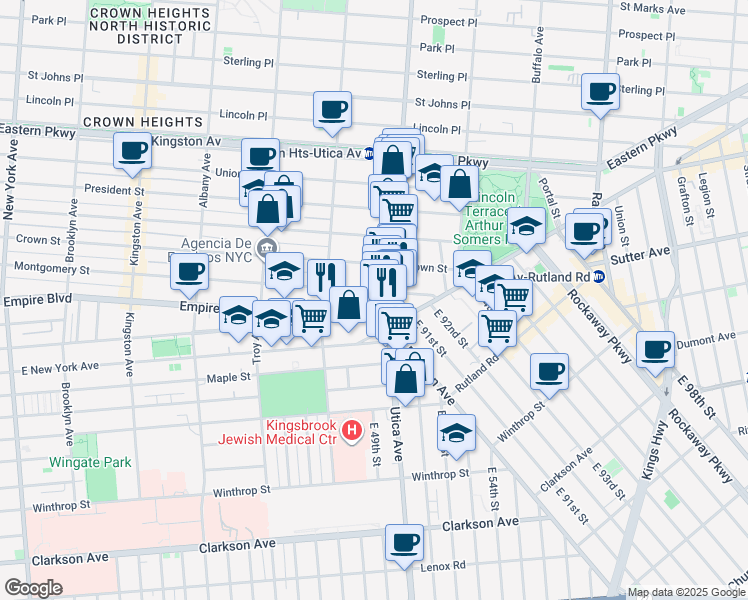 map of restaurants, bars, coffee shops, grocery stores, and more near 421 Utica Avenue in Brooklyn