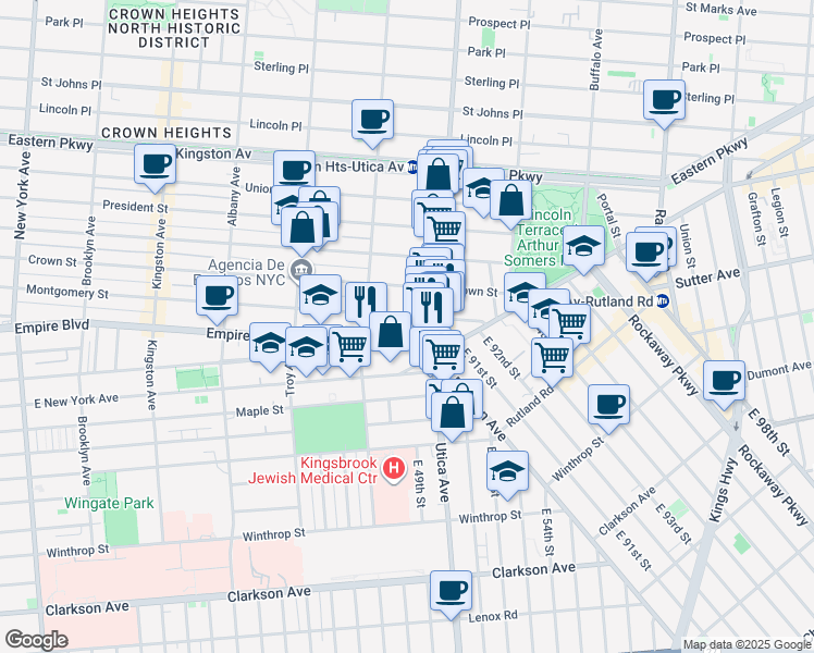 map of restaurants, bars, coffee shops, grocery stores, and more near 421 Utica Avenue in Brooklyn