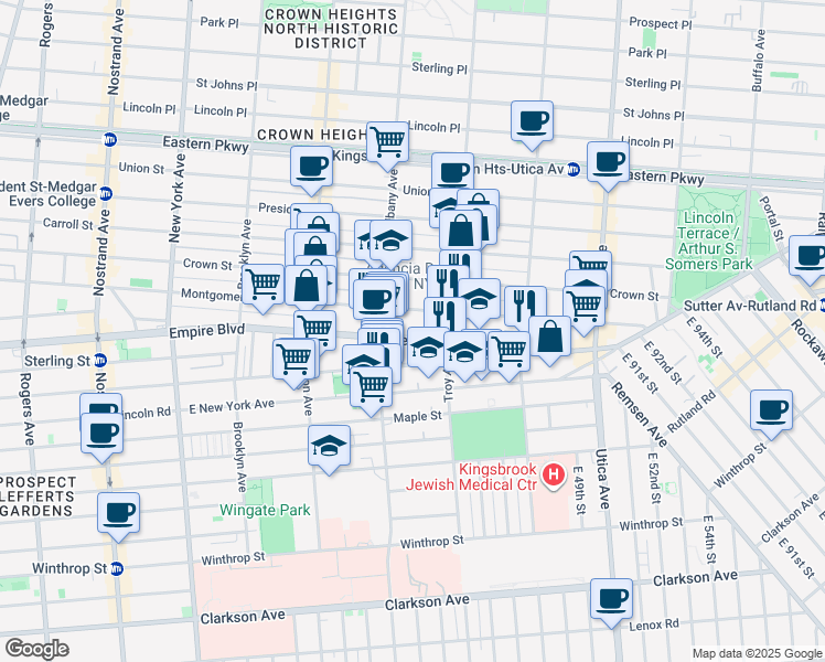 map of restaurants, bars, coffee shops, grocery stores, and more near 736 Empire Boulevard in Brooklyn