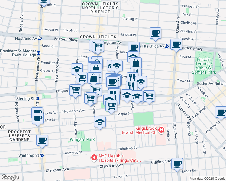 map of restaurants, bars, coffee shops, grocery stores, and more near 471 Albany Avenue in Brooklyn