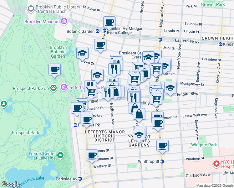 map of restaurants, bars, coffee shops, grocery stores, and more near 172 Empire Boulevard in Brooklyn