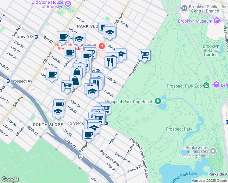 map of restaurants, bars, coffee shops, grocery stores, and more near 636 11th Street in Brooklyn